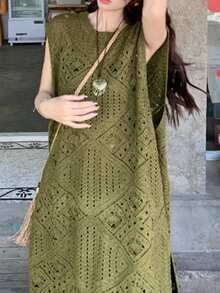 Hollow Out Sleeveless Women Round Neck Short Sleeve Sweater Dress - Army Green - View 2