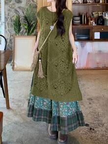 Hollow Out Sleeveless Women Round Neck Short Sleeve Sweater Dress - Army Green - View 8