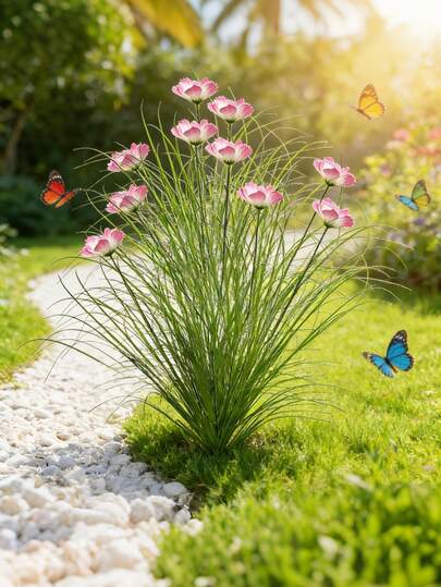 6件户外逼真人造花卉和葱草 - 抗紫外线仿真绿色植物茎，适用于户外，塑料仿非洲雏菊和葱草地被植物，适合室内外花园、露台、酒店装饰、办公室和家居（无需浇水，不含花盆）