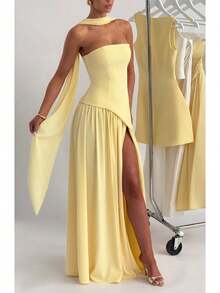 Prom Dress,Elegant Sexy Strapless Slit Flowy Evening Gown Dress For Party - Yellow - View 4