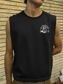 FRACTYR 男士休闲无袖T恤，英式街头元素图案印花，夏季运动风背心 - 黑色 - 查看 3