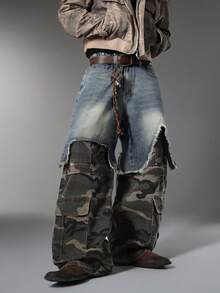 Hong Kong Style Vintage Men's Jeans, Distressed Whisker Multi-Pocket, Patchwork Versatile All-Season Pants (Belt & Accessories Not Included) - Blue - View 1