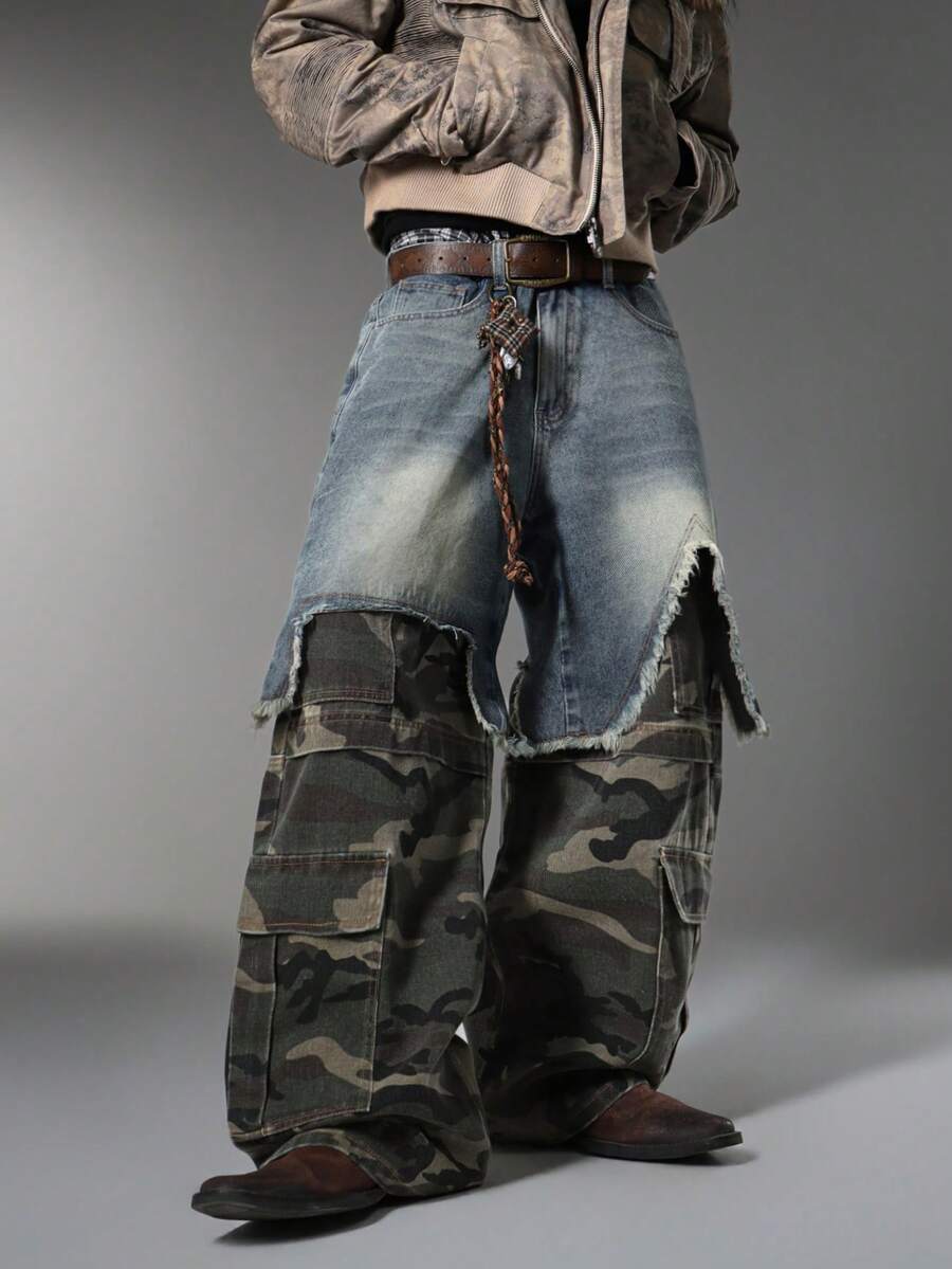 Hong Kong Style Vintage Men's Jeans, Distressed Whisker Multi-Pocket, Patchwork Versatile All-Season Pants (Belt & Accessories Not Included) - Blue - View 1