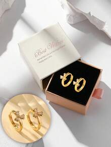 Gift Box Silver Cubic Zirconia Heart Hoop Earrings, Fully Paved Design Earrings, Y2K Romantic Jewelry, Cute Heart Earrings For Women & Teens - Gold - View 7
