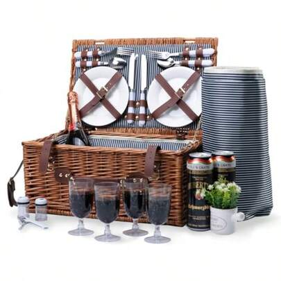Cesta de picnic de mimbre para 4 personas con manta de picnic impermeable compartimento grande con aislamiento bolsa de vino juego de cubiertos para camping viajes de día playa senderismo
