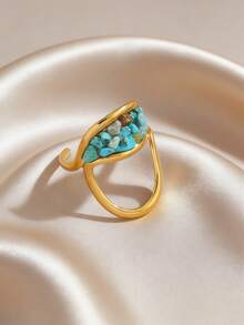 2026 New Year Of The Horse Contrast Color Natural Stone Open Ring, Turquoise & Tiger Eye Dual Tone Boho Style Butterfly Turquoise Ring, Unique Fragmented Stone Combination Ring, Lucky Tiger Eye & Turquoise Jewelry - Gold - View 13