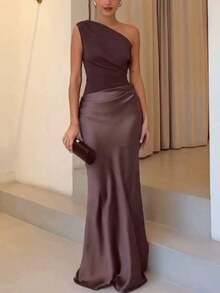 Women's Elegant Solid Color Pleated Backless Satin Patchwork Maxi Dress, Suitable For Outings, Parties, Cocktail Events, Wedding Guests, And Vacations - 摩卡棕 - 查看 4
