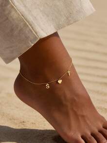 Custom Initial Anklet With Heart Charm Personalized Letter Anklet For Women Couple's Anniversary Gift 18K Gold Plated Dainty Foot Jewelry Minimalist Boho Bridesmaid Gift Summer Jewelry - Golden - View 2