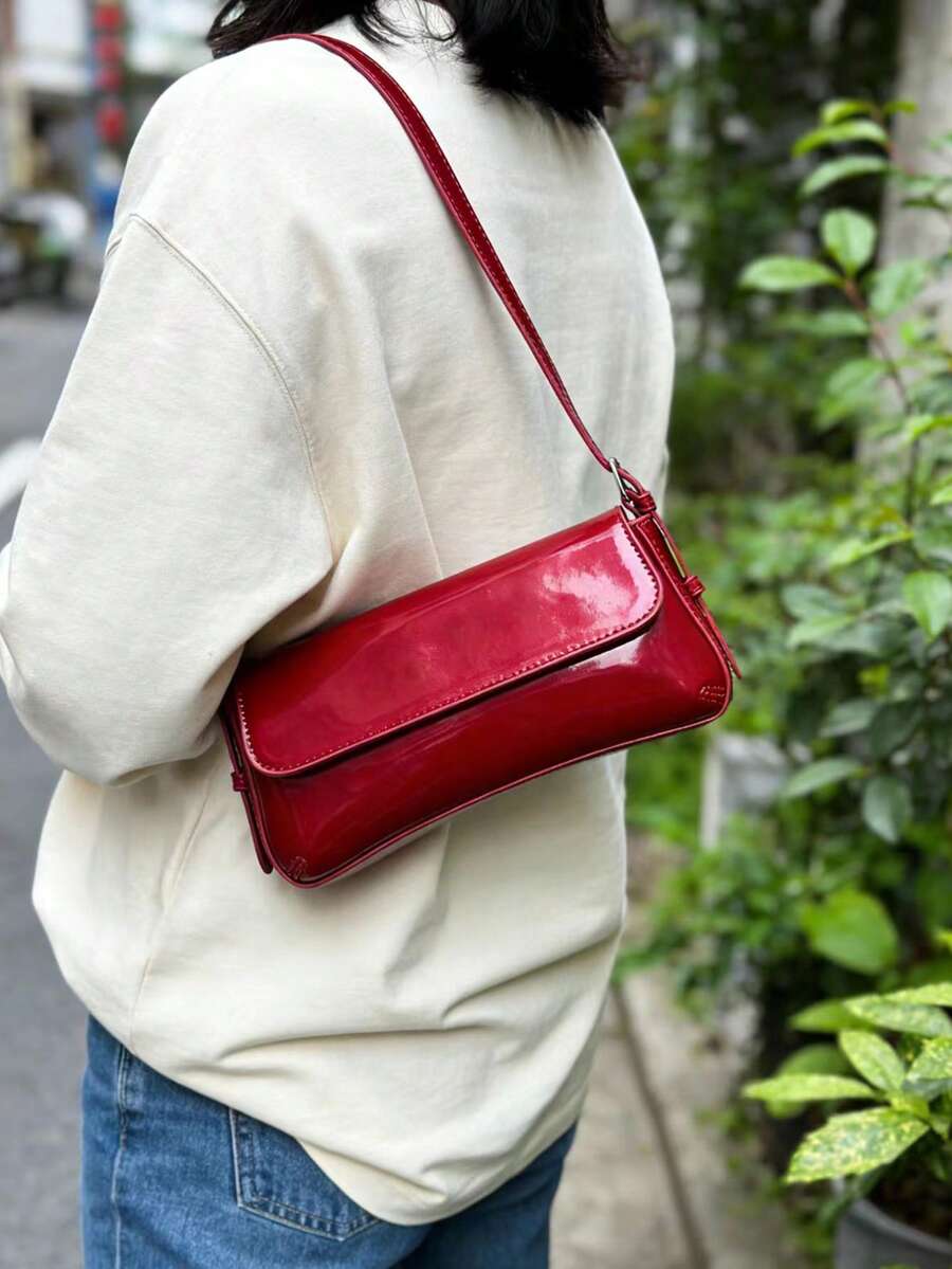 女士单肩包，极简主义女式手提包，酒红色小包，法棍包，简约单肩包，腋下包，托特包，Y2K包 - 紅色 - 查看 1