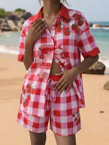 Spring/Summer Women 2-Piece Set, Red & White Plaid Tomato & Fish Print Short Sleeve Shirt And Drawstring Shorts, Italian Casual Holiday Beach Outfit - Multicolor - View 4