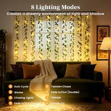 1pc, 90LED String Light Fake Vines For Room Decor, 3x1m/9.84ftx3.28ft LED Curtain Fairy Lights, USB Artificial Ivy Garland Hanging Plants Faux Greenery Leaves Bedroom Aesthetic Decor For Home Garden Wall Wedding Not Waterproof - Warm White - View 3