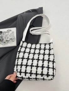 Fashionable Woven Plaid Shoulder Bag, Commuter Bag, Niche Underarm Bag - White - View 7