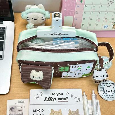 1 Piece. Green Four-Leaf Clover Cat Pencil Case. High-Value Pencil Case, Large Capacity Student Stationery Bag/Storage Bag. Back-To-School Gift.