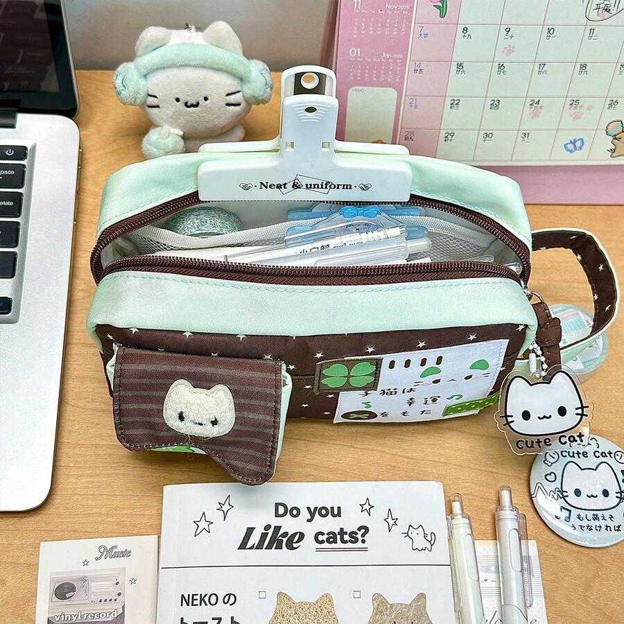 1 Piece. Green Four-Leaf Clover Cat Pencil Case. High-Value Pencil Case, Large Capacity Student Stationery Bag/Storage Bag. Back-To-School Gift. - Four-leaf Clover Kitten - View 1