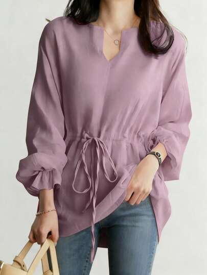 Women's V-Neck Drawstring Waist Shirt, New Vintage Casual Loose Long Sleeve Tie-Front Blouse, Spring/Summer
