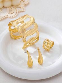 4件套时尚金属几何镂空水滴形戒指、手链和耳环套装（女士款） - 金黃色 - 查看 5