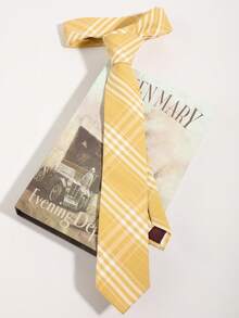 1pc Mustard Yellow Comfortable Synthetic Cotton Casual Handwoven Plaid Striped Necktie - Multicolor - View 5