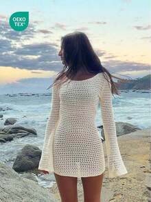 Women's Solid Color Sexy Hollow See-Through Backless Design Long Sleeve Coverup Crop Dress, Suitable For Beach Vacation, Spring/Summer - Milky White - View 1
