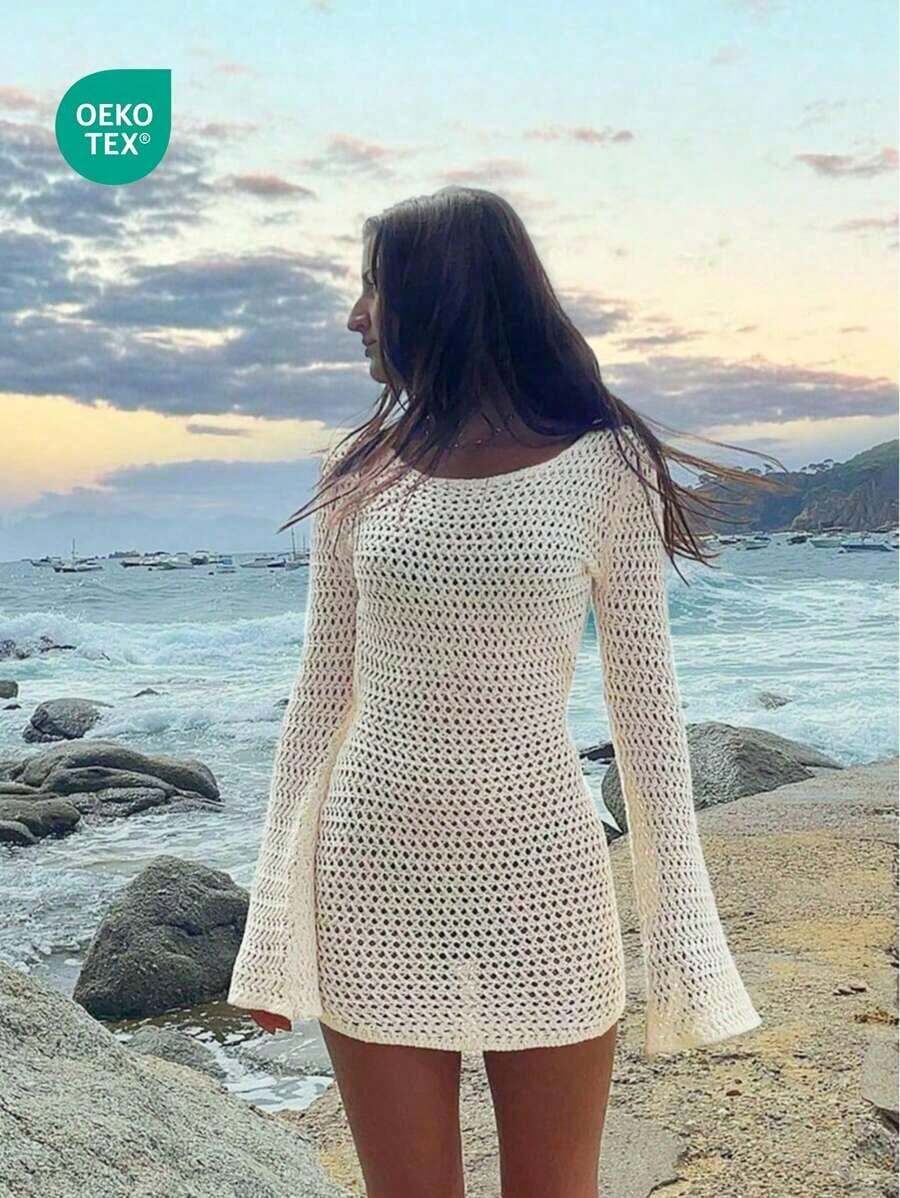 Women's Solid Color Sexy Hollow See-Through Backless Design Long Sleeve Coverup Crop Dress, Suitable For Beach Vacation, Spring/Summer - Milky White - View 1