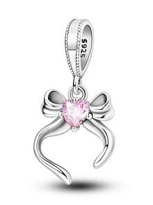 1pc Silver-Plated Pink Bowknot & Heart Cubic Zirconia Pendant Bead, Suitable For DIY Women Bracelet, Cubic Zirconia Pendant, Valentine's Day Gift - Pendants - View 5