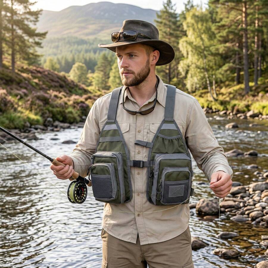 Ultra Lightweight Fly Fishing Vest – Unisex Breathable Mesh Fishing Tackle Vest With Multiple Pockets, Adjustable Strap Portable Chest Pack For Trout Fishing, Hiking & Outdoor Travel, One Size (51*81cm) - Green - View 1