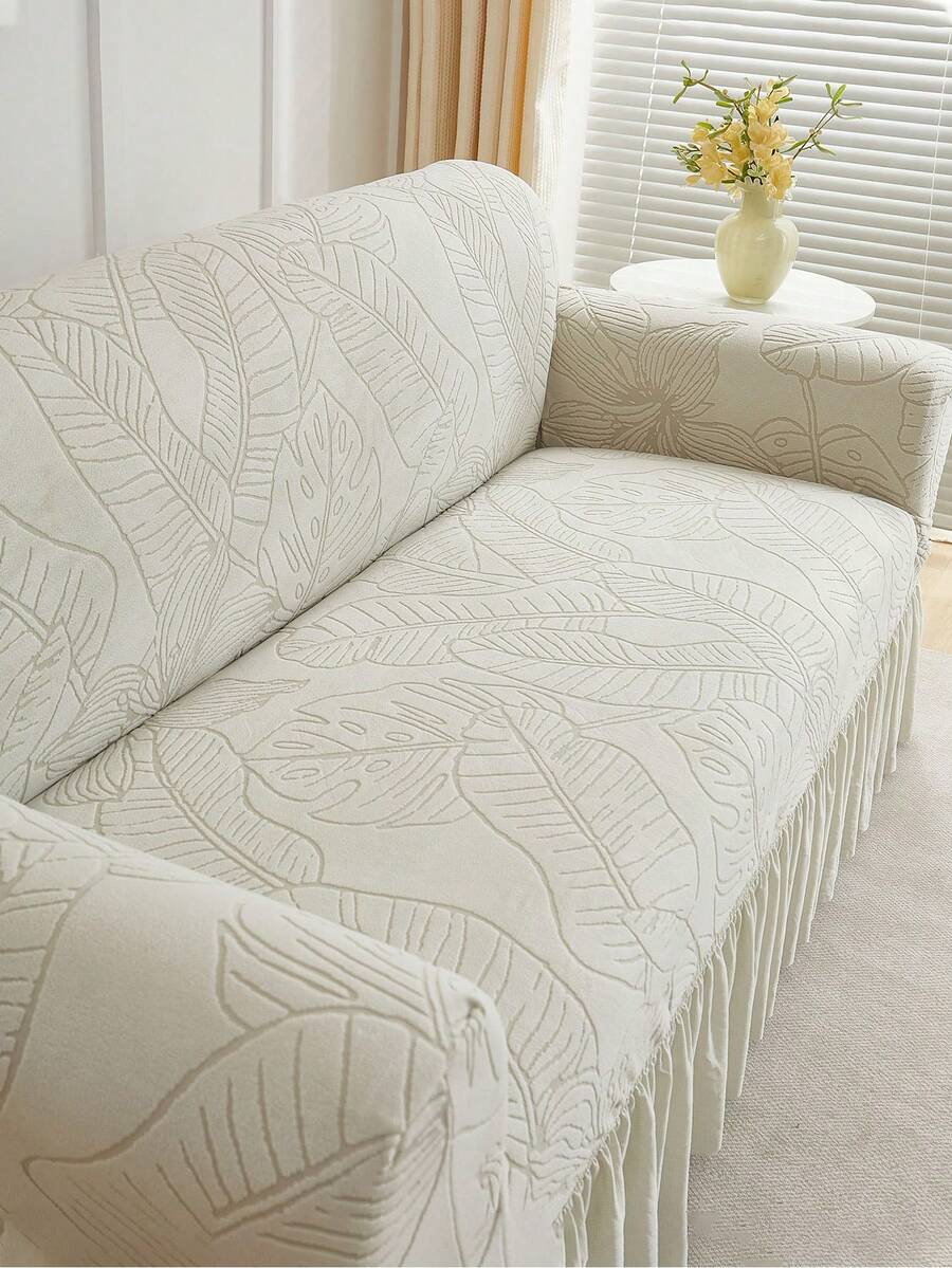 1pc Jacquard Leaf Pattern Ruffled Elastic Sofa Cover, Dust-Proof And Dirt-Resistant, Stretch-To-Fit Full Coverage Sofa Protector, Home Decor, Machine Washable, Pillow Cover Not Included - Light Grey - View 1