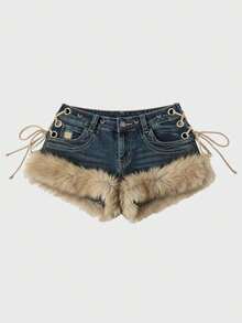 Summer New Women's Retro Design Fluffy Splicing Jeans Shorts Y2k Low-Rise Strap Slim Hot Pants - 藍色 - 查看 3