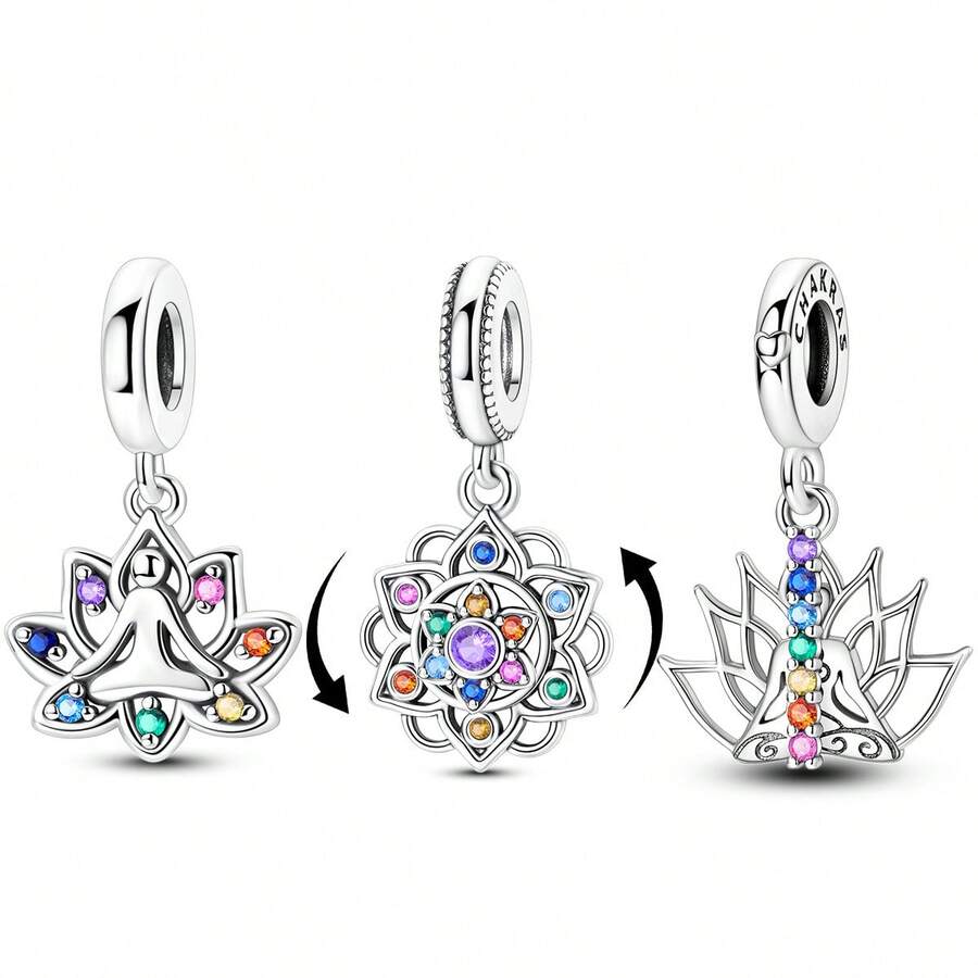 1Pc Silver Plated Lotus Collection Colored Spiritual Lotus Yoga Pendant Suitable For Bracelet Necklace Diy Jewelry Making Beads Charm Jewellery Unique Gift For Friend Family - Silver - View 1