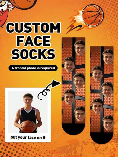 1 Pair Customized Face Socks, Customized Photo Socks, Customized Printed Mid-Calf Socks, Can Print Any Face On Socks, Suitable As Anniversary, Father's Day, Christmas, Easter Gifts, Bride Gifts, Gifts For Boyfriend, High-Quality Interesting Basketball Print Pattern Socks For Couples, Thick Men's Long Socks For Spring/Summer, Suitable For Daily Wear, Office, Outdoor Sports
