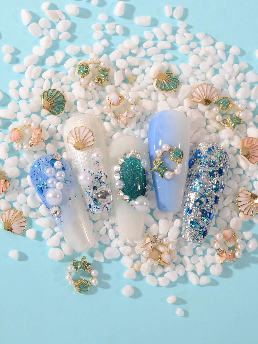 奢华混搭夏季海滩海洋风美甲合金配件,美甲装饰用品,滴油彩色贝壳海星珍珠花环镂空金属水钻装饰美甲 - 彩色 - 查看 1