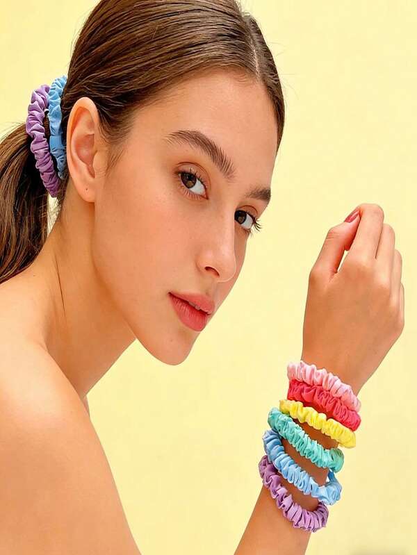 Conjunto de 7 scrunchies coloridos Dopamine Macaron, alta elasticidade, não danificam o cabelo e não amassam. Faixas de cabelo em cores vibrantes para meninas.