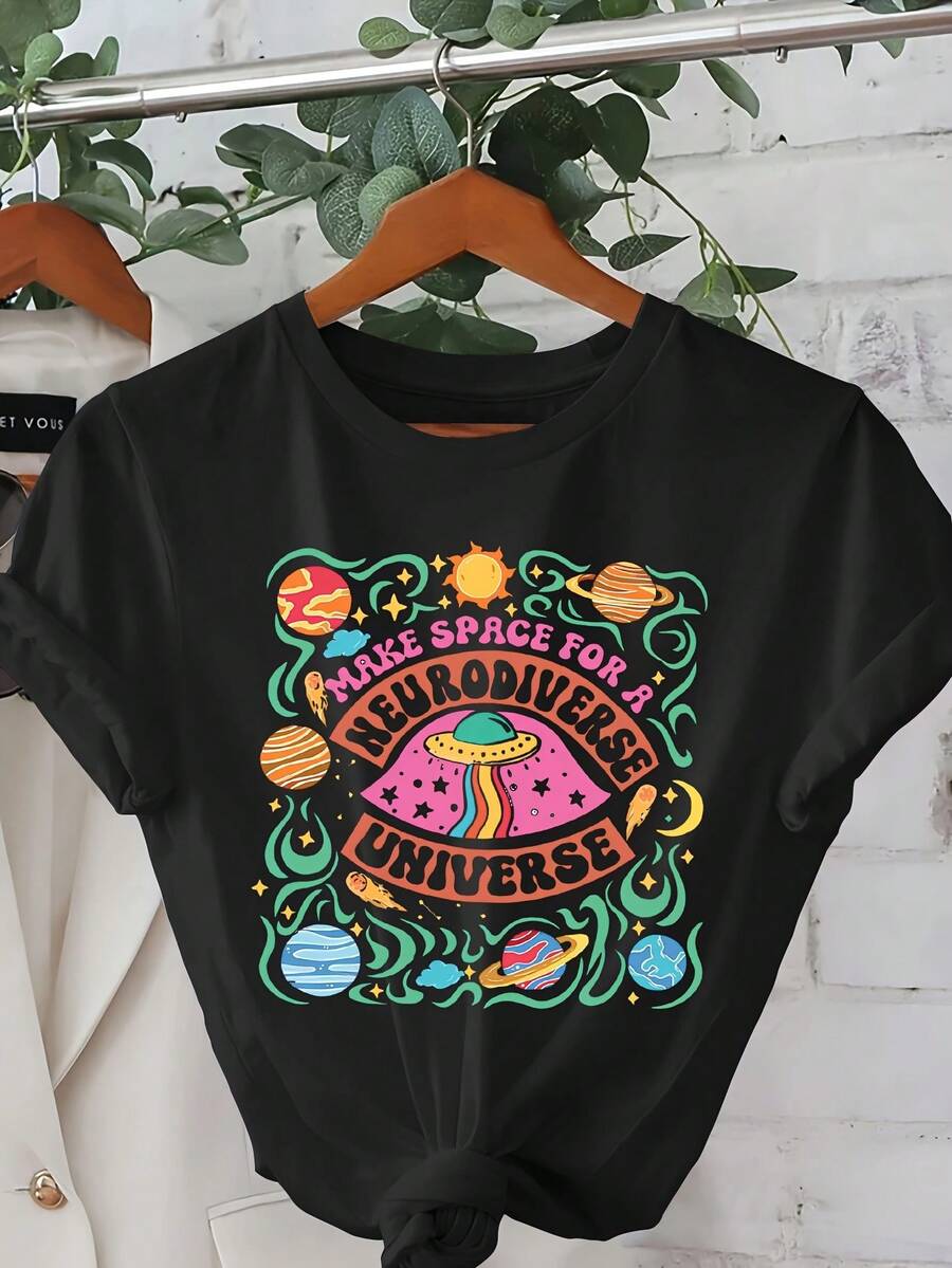 Camiseta de aceptación de neurodiversidad y autismo para mujer - Camiseta casual de manga corta con cuello redondo, adecuada para verano y primavera, ropa para la comunidad neurodivergente con síntomas de autismo y ADHD, ropa lavable a máquina. - Negro - Ver 1