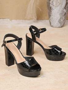 Sandalias de plataforma con tacón grueso, de verano, de moda, con punta redonda y abierta, con correa de PU con textura de piedra y decoración de strass, diseño de correa de tobillo con hebilla, estilo sexy y fashionable, adecuadas para uso casual al aire libre, fiestas de baile, sandalias de tacón alto versátiles - Negro - Ver 8
