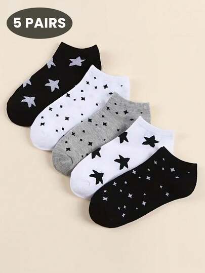 5 pares de calcetines cortos negros, blancos y grises con pequeñas estrellas, calcetines cómodos tipo barco para primavera y verano, calcetines lindos