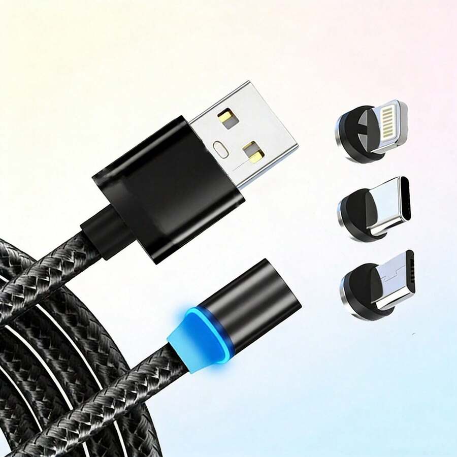 Cable de carga magnético desmontable de 3 en 1 con carga rápida y potente, 1 pieza, cable de carga trenzado magnético de 3 en 1 con luz LED compatible con iPhone 17 Pro Max/17 Pro/17 Plus/17/16/15/14/13/12/11/XS/XR/8/7/6, S25/S24/S23/S22/S21/S20 Ultra Plus, regalo de celebración de la serie - Multicolor - Ver 1