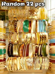 29-3件套复古优雅金属多元素复古硬币几何不规则渐变厚树脂手镯套装，包含金属元素、仿珍珠、花朵、心形、蝴蝶结、圆形、波浪形、交叉形、LOVE刻字、镂空、宽手镯，适合女性、男性、情侣、夏季海滩、派对、婚礼、日常佩戴、圣诞节、新年礼物（款式随机） - 彩色 - 查看 15