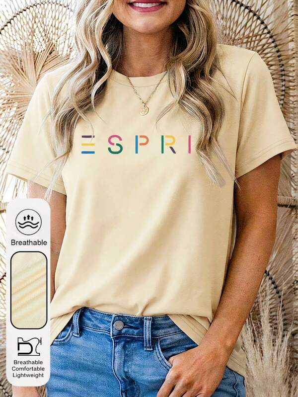 Plus Size Women's Daily Colored Letters Graphic Crew Neck Short Sleeves Casual Summer Women's Tops , Fashionable And Versatile Women's Cream-Colored T-Shirt