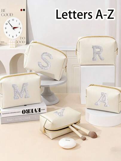 Pearl Letter A-Z Portable Cosmetic Bag, Travel High-Capacity Advanced Sense Storage Bag, Lipstick And Toiletries Bag, Portable Cosmetic Bag, Skin Care Bag, Toiletries Bag, Birthday Gift, Best Gift For Friends And Teachers, Bathroom, Jewelry, Lip Polish, Nail Polish And Other Storage Bags, Essential For Travel, Back To School Season And Graduation Season, Valentine's Day, Wedding Bridesmaid Gifts With Hand Gifts