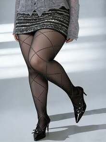 1 Pair Plus Size Black Sheer Glitter Plaid Jacquard Pantyhose, Sexy & Shiny, Suitable For Daily Wear - Black Checkered Glitter - View 2