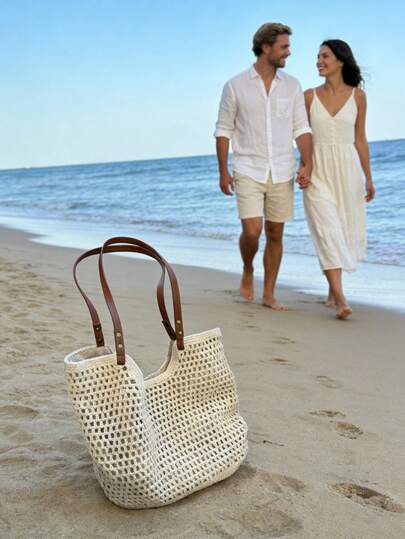 Túi xách đan móc đa năng phong cách đồng quê mới năm 2025, túi đeo vai cỡ lớn dành cho nữ, túi đi biển đan bằng rơm, phong cách thư giãn.