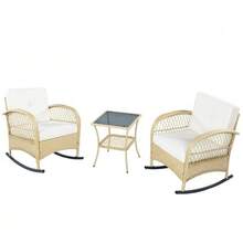 Rattan Balcony Furniture Set (3 Pieces), Rocking Chair With Beige Cushions, 160 Kg Weight Capacity - Beige - View 5