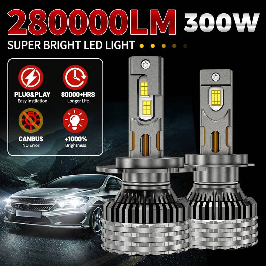 HYNBYZJ 2个H7 H4 H11 LED大灯 300W大功率 Canbus H1 H3 9005 HB3 9006 HB4 9012 HIR2 H13 9007 涡轮灯 6000K 车灯 12V - A - 查看 1