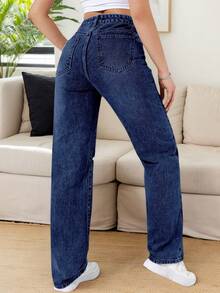 Pantalones de Mezclilla Azul Marino para Mujer - Corte Rectos Holgado con Roturas en Rodilla, Look Relajado, Vaqueros casuales para mujer con agujeros, Jeans casuales de todos los días - Azul - Ver 3