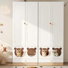 Combined Wardrobe, 2 Pieces, With Clothes Hanger, With Cat Bed, Painted Panel + Particle Board, Ceramic Handle, White + Natural Wood, 160*50*200 Cm - White - View 11
