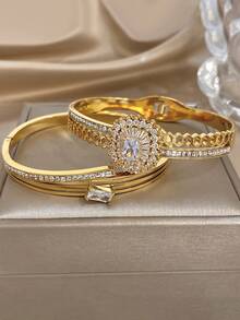 18K镀金不锈钢奢华优雅方形水钻手镯套装，女士适用，送给妈妈的礼物，适合日常佩戴、婚礼、派对、约会、海滩、沙滩饰品、母亲节礼物、情人节礼物、春季、婚礼用品、夏季配饰 - 彩色 - 查看 3