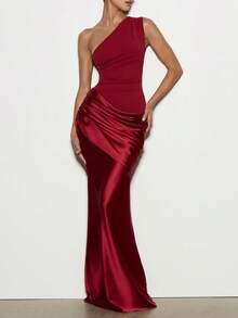 Elegant Off-Shoulder Spring/Summer Women's Dress, Satin Patchwork, Fashion Outgoing, Wedding, Party, Club Dress - Red - View 2