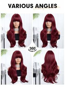 Tóc giả dài 24 inch màu đỏ tía, xoăn nhẹ, có mái, thời trang hàng ngày, dự tiệc, cosplay, đi nghỉ mát, họp mặt gia đình, quà tặng Ngày của Mẹ, quà tặng Eid, quà tặng mùa tựu trường. - Màu Đỏ Sâu - Xem 10