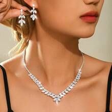 1 Set Elegant Sparkling Rhinestone Flower Design Necklace And Earrings Jewelry Set, Suitable For Women's Wedding, Party, Gala, Valentine's Day Gift, And Daily Wear - Silver - View 7