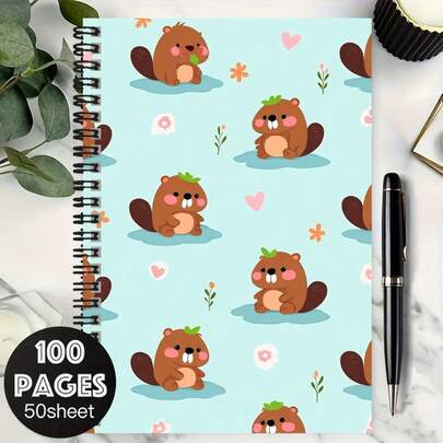 100-Page Cute Cartoon Beaver Pattern Spiral Notebook, Fresh Blue Background With Adorable Beaver, Flowers And Heart Elements, High-Quality Practical Inner Pages For Work, Study, Daily Planning, Ideal Gift For Graduation, Birthday, Adds Fun To Writing!