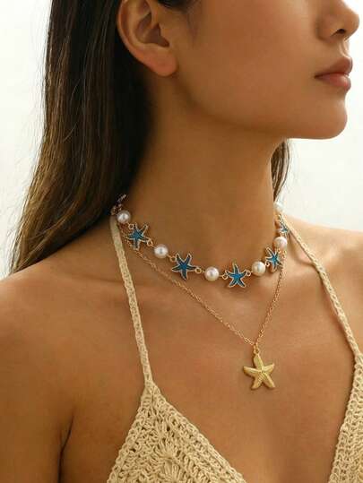 1 pieza Nuevo colgante minimalista y creativo con gota de aceite, estrella de mar y perla en capas, adecuado para vacaciones en la playa, fiestas, uso diario, salidas y citas